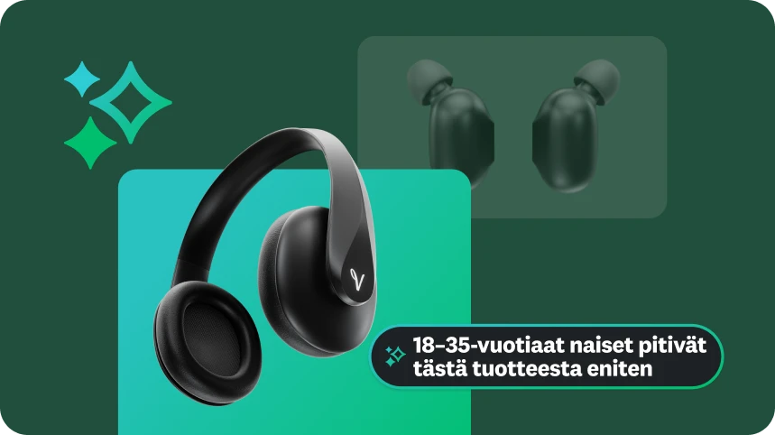 Grafiikka, jossa on mustat kuulokkeet. Kuvan päällä näkyy teksti ”18–35-vuotiaat naiset suosivat tätä tuotetta”, mikä korostaa tätä tiettyä havaintoa.