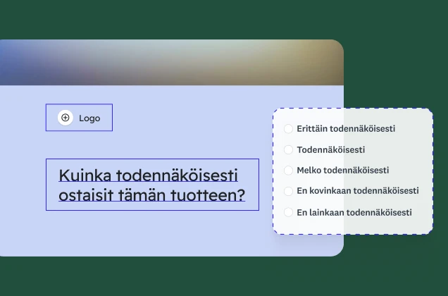 Kyselytutkimuslomake, jossa on kysymys: "kuinka todennäköisesti ostaisit tämän tuotteen?", ja siinä on viisiportainen arviointiasteikko. Näkyvillä on logon paikkamerkki.