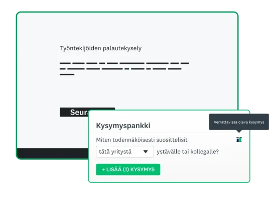 Näyttökuva työntekijäpalautekyselystä kysymyspankkiominaisuuden vierellä