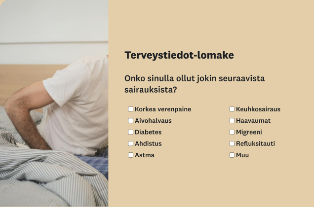Terveystiedot-lomake, jossa on luettelo sairauksista ja valintaruudut. Lomakkeen vieressä olevassa kuvassa näkyy sängyssä istuvan henkilön ylävartalo.