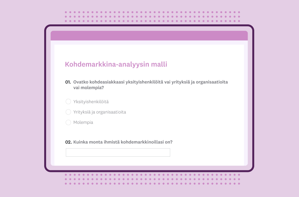 Kuvakaappaus SurveyMonkeyn kohdemarkkina-analyysin kyselytutkimusmallista