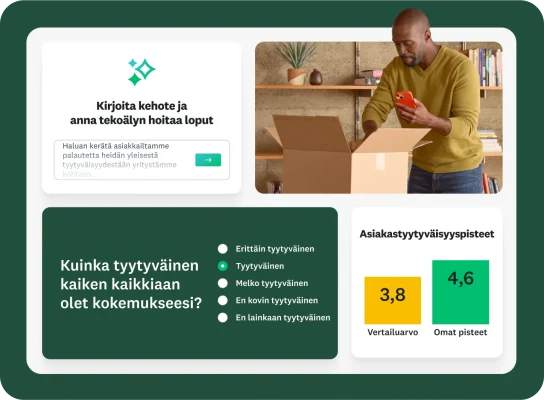 Ohje käyttäjälle kirjoittaa kehote ja antaa tekoälyn hoitaa loput, jossa syötteenä toive kerätä asiakkailta palautetta heidän tyytyväisyydestään yritystä kohtaan yleisesti, ja vieressä on kyselytutkimuskysymys, jossa kysytään yleisestä tyytyväisyydestä kokemukseen, sekä CSAT-pisteitä esittävä pylväskaavio, joka näyttää vertailuarvon ja omat pisteet