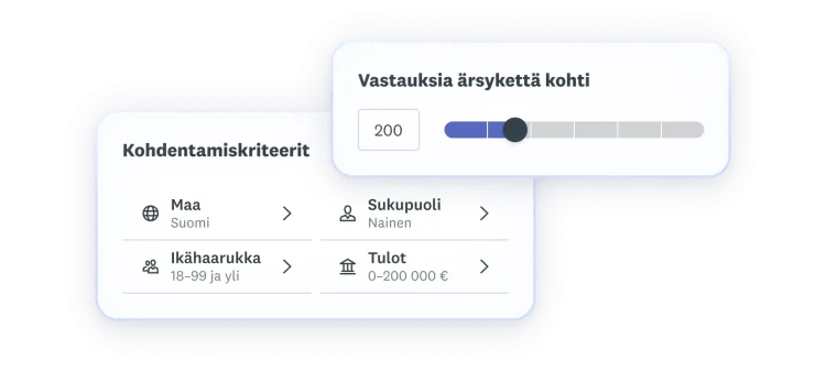 Kohdennuskriteerit, joissa on maana Suomi, ikähaarukkana 18–99 vuotta, sukupuolena nainen, tuloina 0–200 000