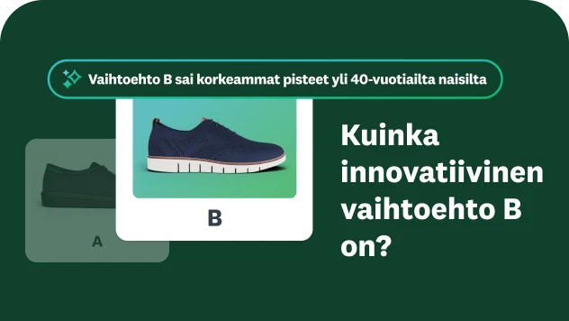 Kuvat kahdesta erilaisesta kengästä. Vieressä näkyvä havainto toteaa, että vaihtoehto B sai paremman tuloksen yli 40-vuotiaiden naisten keskuudessa. Esitetyssä kysymyksessä kysytään, kuinka innovatiivinen vaihtoehto B on.