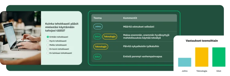Henkilö kirjoittaa kannettavalla tietokoneella, ja vieressä on kyselytutkimuksen kysymys ja teemojen mukaan eritellyt vastaukset.