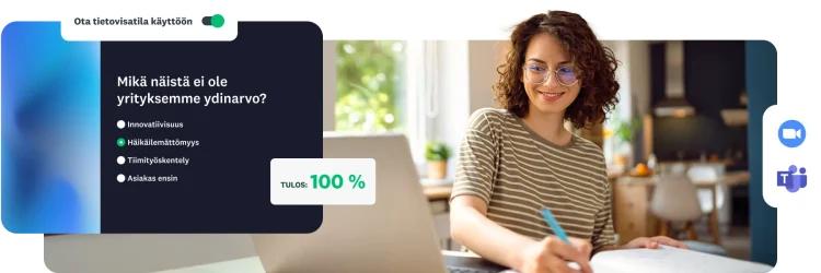 Nainen työskentelemässä kannettavalla tietokoneella, peittokuvassa yrityksen arvoja koskeva tietovisa "tietovisatilassa", jonka pisteet ovat 100 %.