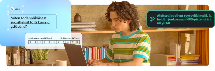 Henkilö käyttää kannettavaa tietokonetta, ja vieressä on kyselytutkimus kurssin suosittelemisesta sekä huomioteksti NPS-pisteistä.