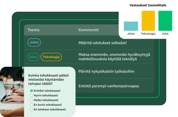 Henkilö kirjoittaa kannettavalla tietokoneella, ja vieressä on kyselytutkimuksen kysymys ja teemojen mukaan eritellyt vastaukset.