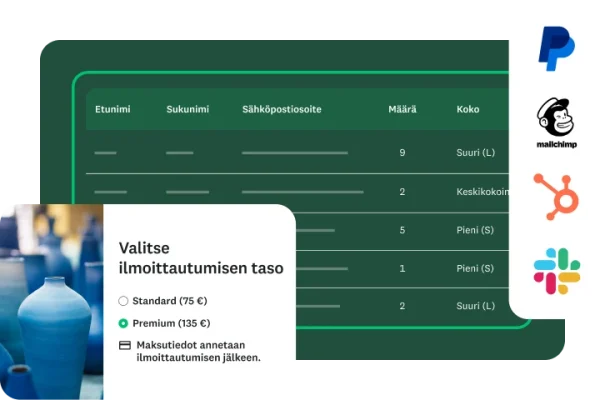 Näyttö, jossa on tapahtumaan ilmoittautumista koskevia vaihtoehtoja, taulukko osallistujien tiedoista ja integraatioiden logoja.
