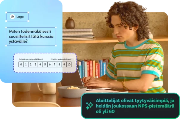 Henkilö käyttää kannettavaa tietokonetta, ja vieressä on kyselytutkimus kurssin suosittelemisesta sekä huomioteksti NPS-pisteistä.