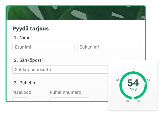 Näyttökuva tarjouspyyntölomakkeesta ja NPS-pistemäärästä