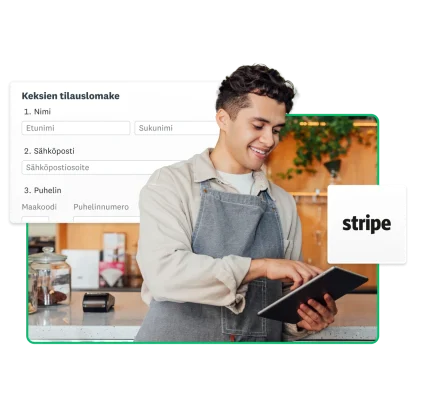 Mies pitää kädessään tablettia, ja hänen vieressään on Stripen logo ja näyttökuva tilauslomakkeesta