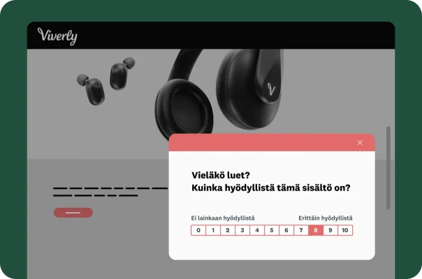 Verkkosivustolla näkyvä kuva Viverlyn kuulokkeista ja ponnahduskyselytutkimus sisällön hyödyllisyydestä.