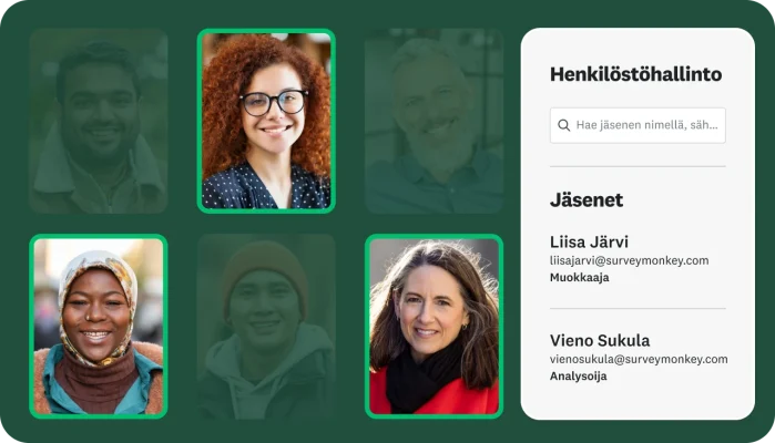 Valokuvia ihmisistä, ja heidän vieressään on ruutu, jossa näkyy henkilöstöhallinnon jäseniä sekä heidän nimensä, sähköpostiosoitteensa ja käyttöoikeutensa taso