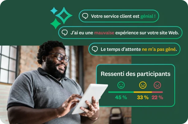 Un homme barbu portant des lunettes en train de regarder une tablette avec, en incrustation, des bulles affichant des commentaires des clients comme « Votre service client est génial ! » et « J’ai eu une mauvaise expérience sur votre site Web. », et en dessous un graphique montrant la répartition du ressenti en pourcentages.