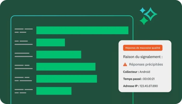 Un graphique à barres avec un avertissement signalant une réponse de mauvaise qualité pour cause de réponses précipitées et fournissant des détails, comme le collecteur, le temps passé et l’adresse IP