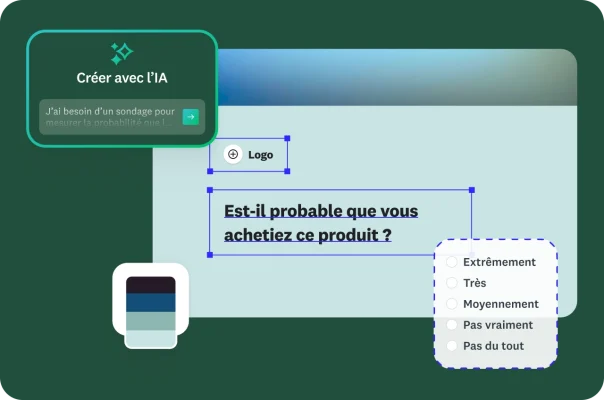 Interface utilisateur permettant de créer des sondages avec l’IA, avec un champ de texte demandant la création d’un sondage sur la probabilité d’achat et un formulaire affichant la question « Est-il probable que vous achetiez ce produit ? », ainsi qu’une échelle de réponse en 5 points.