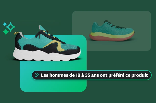 Un graphique montrant deux chaussures de running différentes, avec un champ mettant en évidence une information sociodémographique spécifique : « Les hommes de 18 à 35 ans ont préféré ce produit »,