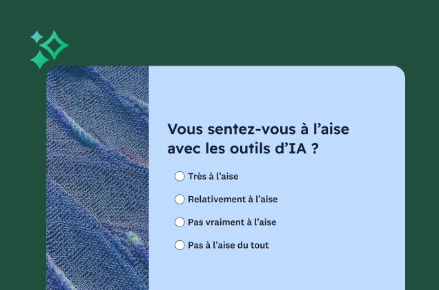 Un formulaire de sondage avec la question « Vous sentez-vous à l’aise avec les outils d’IA ? » et des choix de réponse allant de « Très à l’aise » à « Pas à l’aise du tout ».