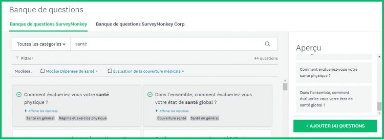 Capture d'écran de la banque de questions certifiées SurveyMonkey