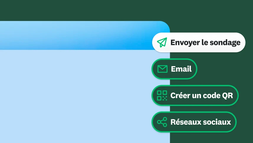 Menu affichant les options pour envoyer un sondage par email, via un code QR ou les réseaux sociaux.