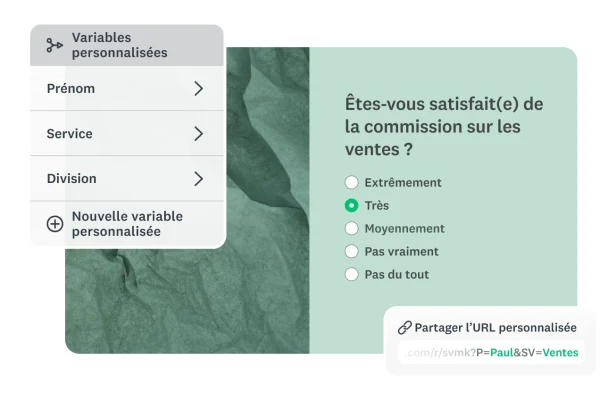 Capture d’écran illustrant l’utilisation de variables personnalisées (Prénom, Service, Agence) pour personnaliser une URL de sondage et collecter automatiquement des informations sur les participants.