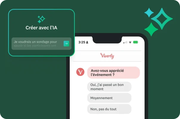 Capture d’écran d’un téléphone portable montrant un sondage sur un événement avec la question « Avez-vous apprécié l’événement ? » et trois réponses possibles. Un outil d’IA est affiché pour « Créer un sondage pour voir si les participants ont apprécié l’événement ».