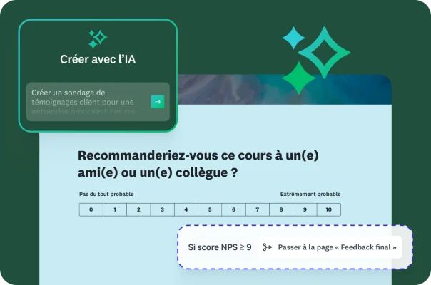 Une question de recommandation NPS avec un branchement conditionnel et un prompt IA pour créer un sondage de témoignages client.