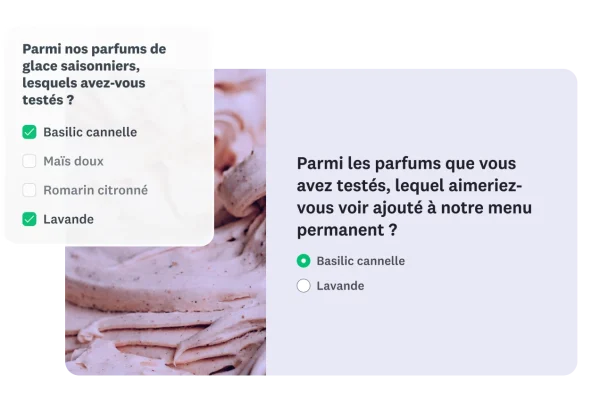 Exemple de chaînage où les parfums de glace précédemment sélectionnés (Basilic cannelle et Lavande) sont reportés automatiquement dans la question de suivi.