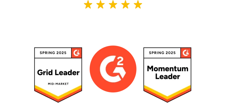 Deux badges G2 représentant les distinctions de Grid Leader (leader du classement) et de Momentum Leader (leader en forte croissance) attribuées au printemps 2025