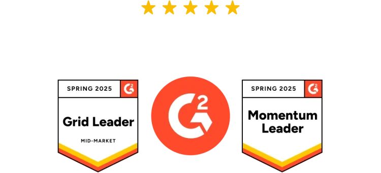 Deux badges G2 représentant les distinctions de Grid Leader (leader du classement) et de Momentum Leader (leader en forte croissance) attribuées au printemps 2025