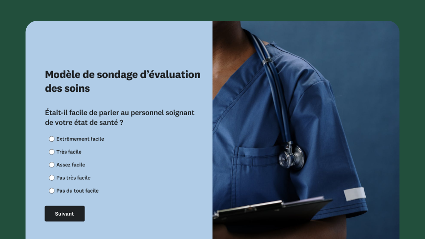 Un sondage d’évaluation des soins demandant s’il était facile de parler au personnel soignant, avec à côté, un soignant en blouse avec un stéthoscope et un porte-bloc.