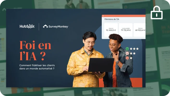 Une diapositive intitulée « Foi en l’IA ? Comment les marques fidélisent leurs clients dans un monde automatisé. » avec deux hommes en train de regarder un ordinateur portable et un graphique montrant les prévisions de l’IA et les scores de ressenti des clients