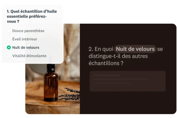 Exemple de chaînage avancé où le fait de sélectionner l’huile essentielle « Nuit de velours » affiche une question de suivi portant sur cette huile.