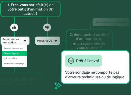 Schéma simplifié d’une logique avec la fonction « Passer à la page » en surbrillance dans un menu déroulant et un message de confirmation « Prêt à l’envoi ».