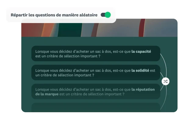 Capture d’écran illustrant la répartition aléatoire des options de réponse pour une question portant sur le choix d’un sac à dos, avec la capacité, la solidité et la réputation de la marque comme critères de sélection.