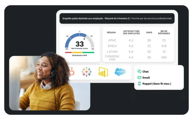 Une femme, un casque sur les oreilles, en train de regarder un ordinateur avec, en incrustation, le résumé pour le trimestre 2 des résultats d’une enquête pulse destinée aux employés, avec un NPS de 33