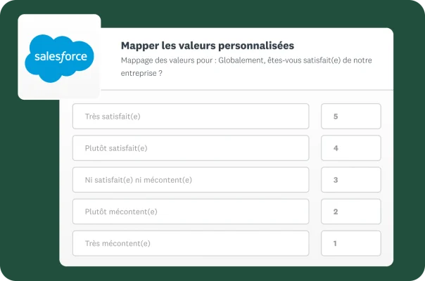 Un écran montrant comment mapper les valeurs personnalisées d’une question de sondage de satisfaction avec des champs dans Salesforce