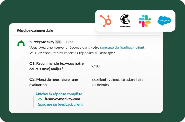 Une notification Slack indiquant une nouvelle réponse à un sondage client, un score de recommandation et des logos d’intégration.
