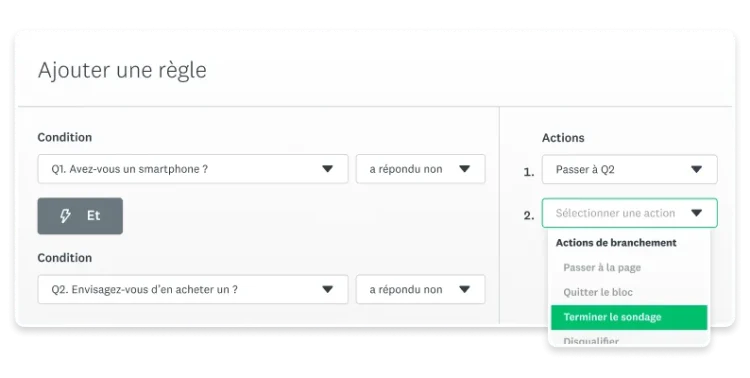 Capture d’écran de la fonctionnalité « Ajouter une règle » dans SurveyMonkey