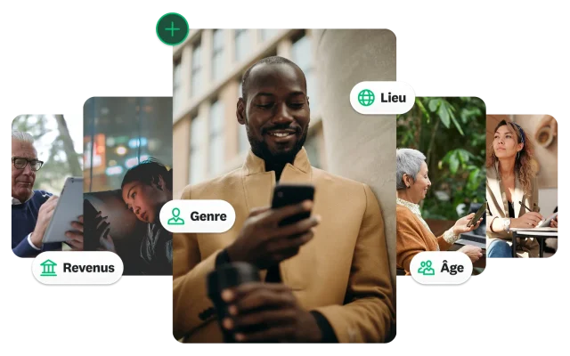 Photos de plusieurs personnes en train de regarder leurs téléphones, avec les libellés Revenus, Genre, Lieu et Âge.