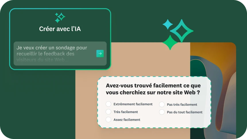 Illustration de la fonctionnalité « Créer avec l’IA » avec un exemple de prompt pour créer un sondage, une question et des options de réponse.