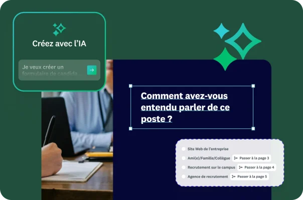 Une personne en train de remplir un formulaire, avec en incrustation, un prompt d’IA et la question à choix multiple : « Comment avez-vous entendu parler de ce poste ? » et ses différentes options de réponse.