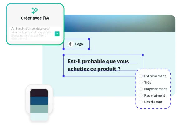 Prompt de la fonctionnalité Créer avec l’IA disant « J’ai besoin d’un sondage pour mesurer la probabilité que les clients potentiels achètent notre produit » avec, en incrustation, une question de sondage demandant aux participants s’ils achèteraient ce produit