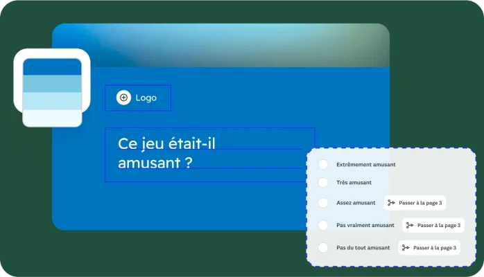 Capture d’écran de création de sondage, avec différentes options de personnalisation intégrant un branchement conditionnel et la possibilité de passer à d’autres questions en fonction de la réponse