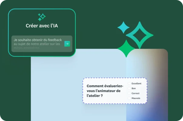 Prompt Créer avec l’IA indiquant « Je souhaite obtenir du feedback au sujet de notre atelier sur les micro-agressions », avec une question de sondage demandant « Comment évalueriez-vous l’animateur de l’atelier ? »