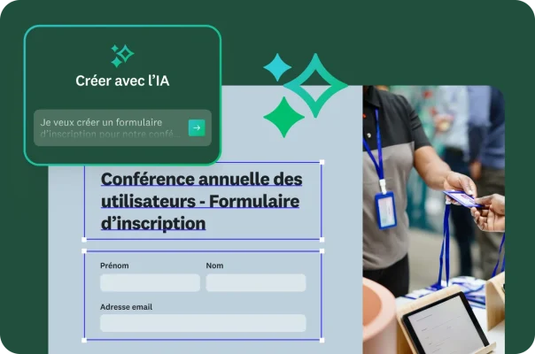Une personne remplissant un formulaire d’inscription à une conférence annuelle d’utilisateurs, avec, en incrustation, une fenêtre contextuelle contenant un prompt d’IA.