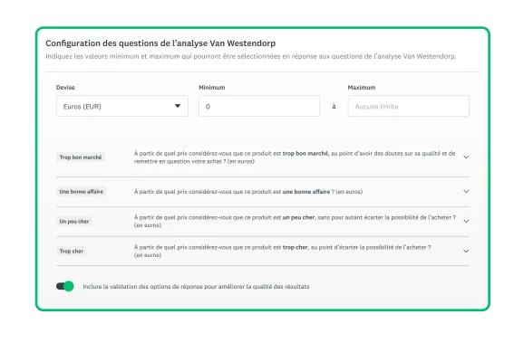 Capture d’écran de configuration de la solution Optimisation des prix de SurveyMonkey