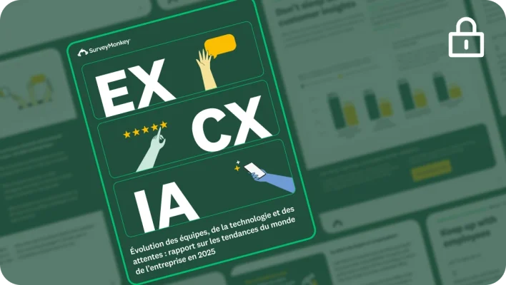 Un graphique résumant un rapport sur les tendances du monde de l’entreprise, avec les abréviations EX, CX et IA en majuscules, et quelques illustrations plus petites. Des extraits d’autres pages de rapport, avec des graphiques et du texte, sont affichés autour du graphique principal.