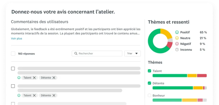 Graphiques illustrant l’analyse des thèmes et du ressenti pour un sondage